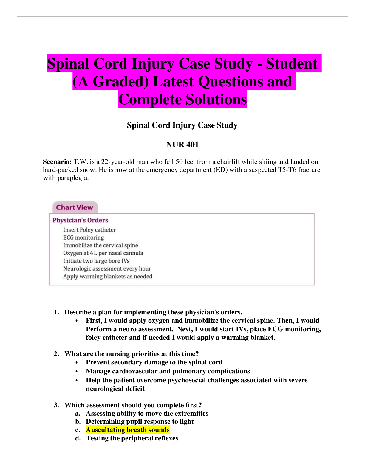 Preview of Spinal Cord Injury Case Study - Student (A Graded) Latest Questions and Complete Solutions